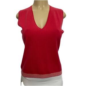 Neiman Marcus Cashmere Tank Top Blouse Knit Striped Hem Pink V neck Slee…